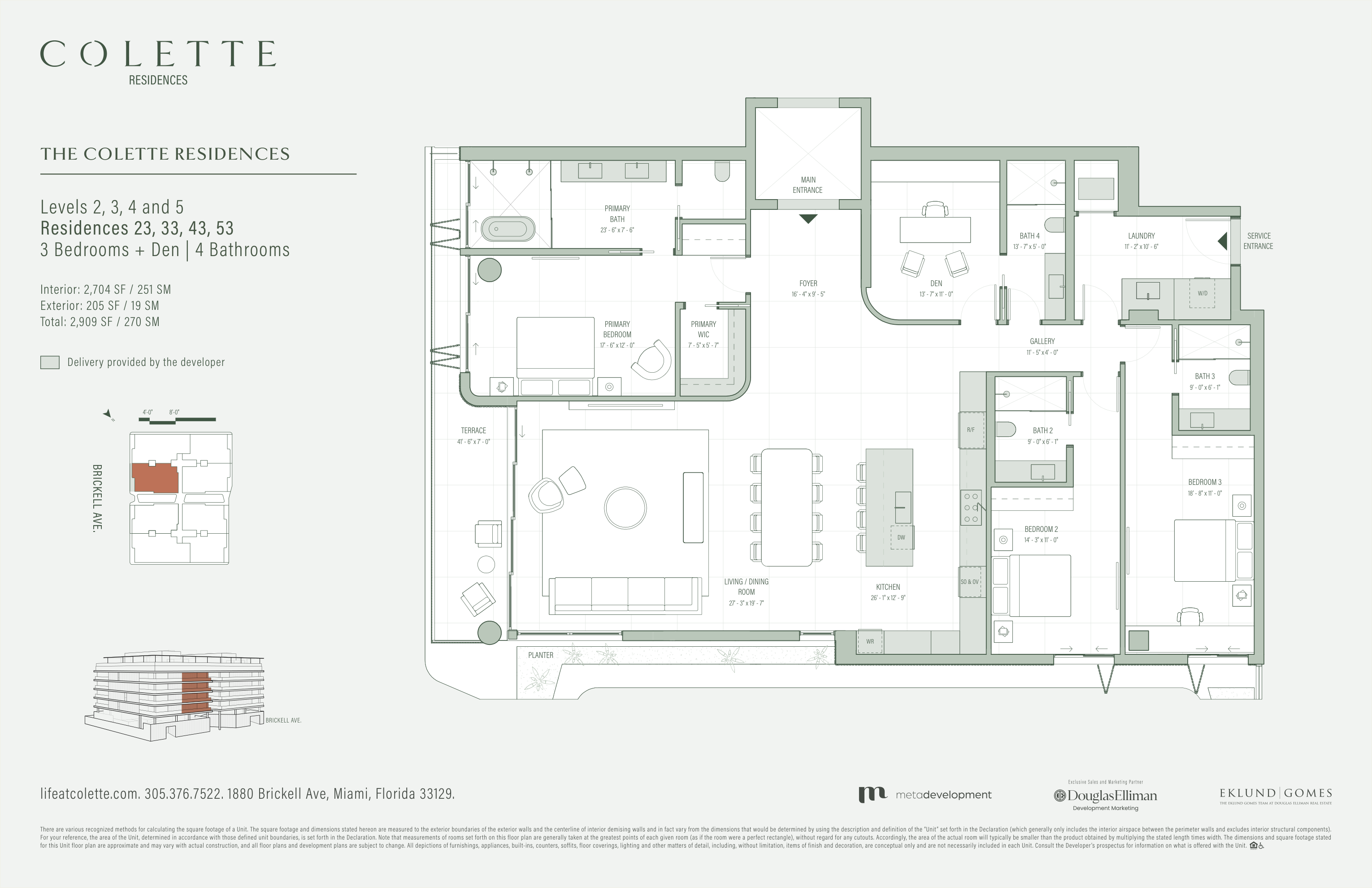 Residences 23, 33, 43, 53 (3BR + Den, Levels 2–5) floor plan