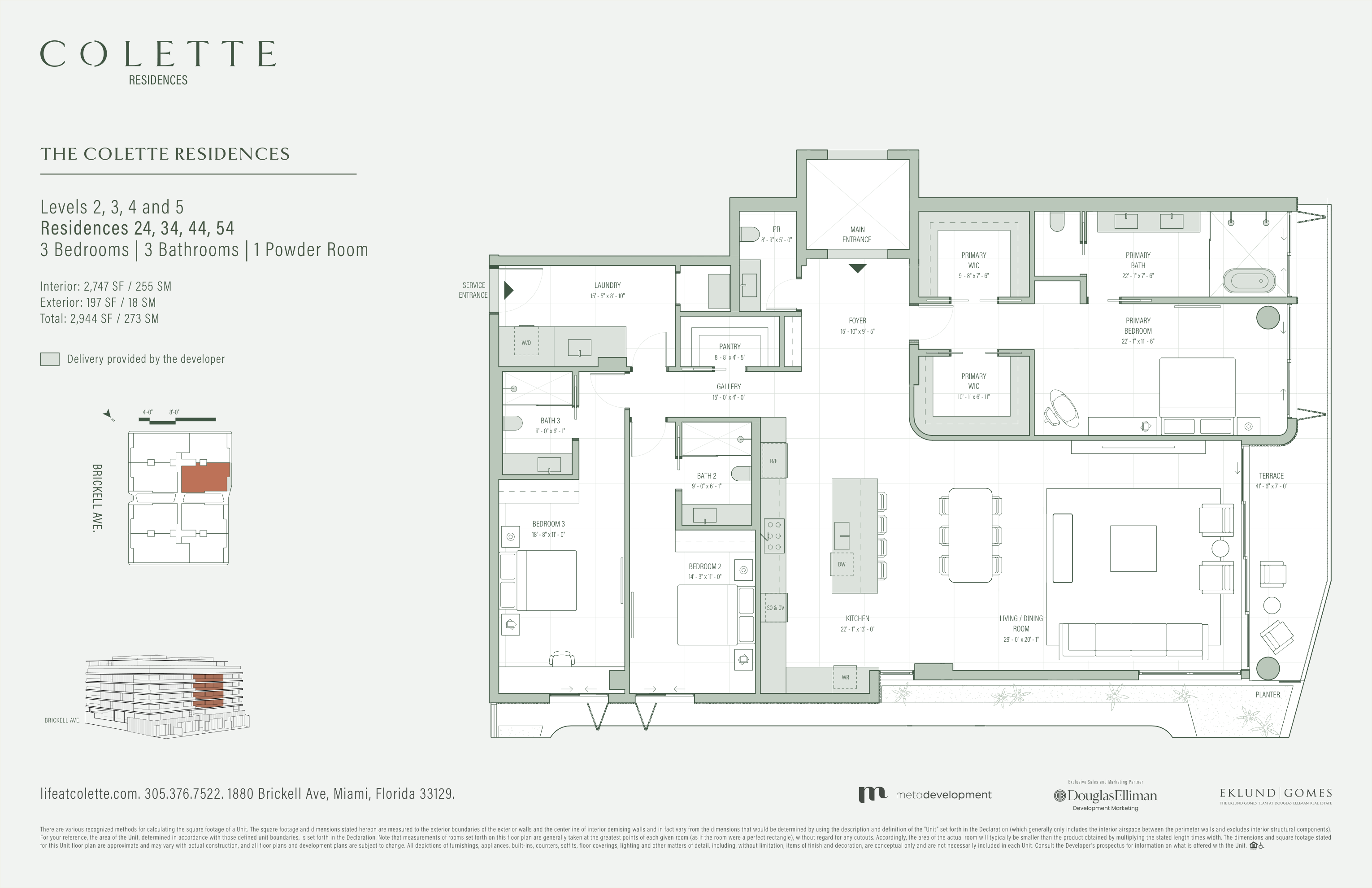 Residences 24, 34, 44, 54 (3BR, Levels 2–5) floor plan