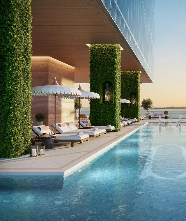 Resort-style pool deck with sky pool